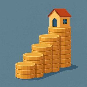 Ilustração em estilo flat mostrando uma escada feita de moedas douradas que leva até uma pequena casa no topo, simbolizando progresso financeiro de forma otimista.