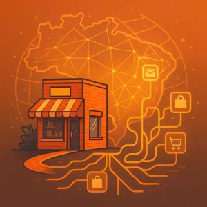 Ilustração criativa do comércio eletrônico no Brasil, com uma pequena loja física conectada a uma grande rede digital que se expande em várias direções, simbolizando inclusão e crescimento econômico. Estilo detalhado, cores quentes e traços modernos.