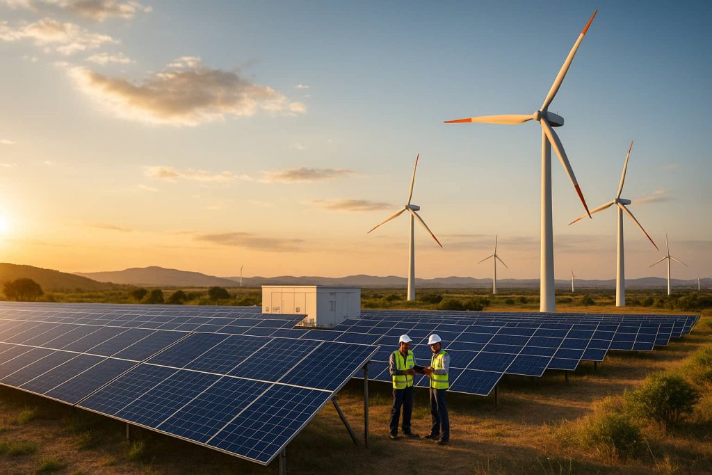 Cena panorâmica mostrando um parque eólico e uma usina solar sob o pôr do sol, com trabalhadores inspecionando painéis solares em meio à paisagem brasileira, representando desenvolvimento sustentável e progresso econômico.