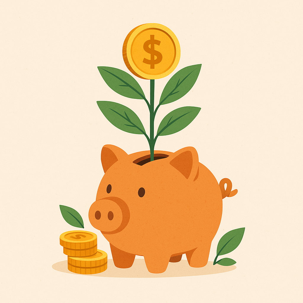 Ilustração minimalista de um cofrinho em forma de porquinho de barro com uma planta crescendo de dentro dele, folhas verdes e moedas douradas simbolizando o crescimento financeiro em fundo neutro e limpo.