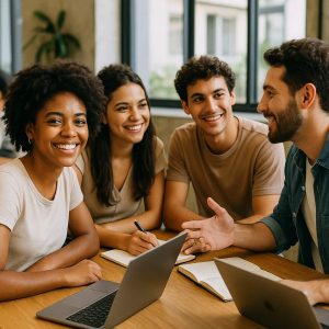 Jovens empreendedores brasileiros de diferentes origens colaboram em um coworking moderno, discutindo ideias e projetos com laptops e anotações, em ambiente iluminado e positivo.