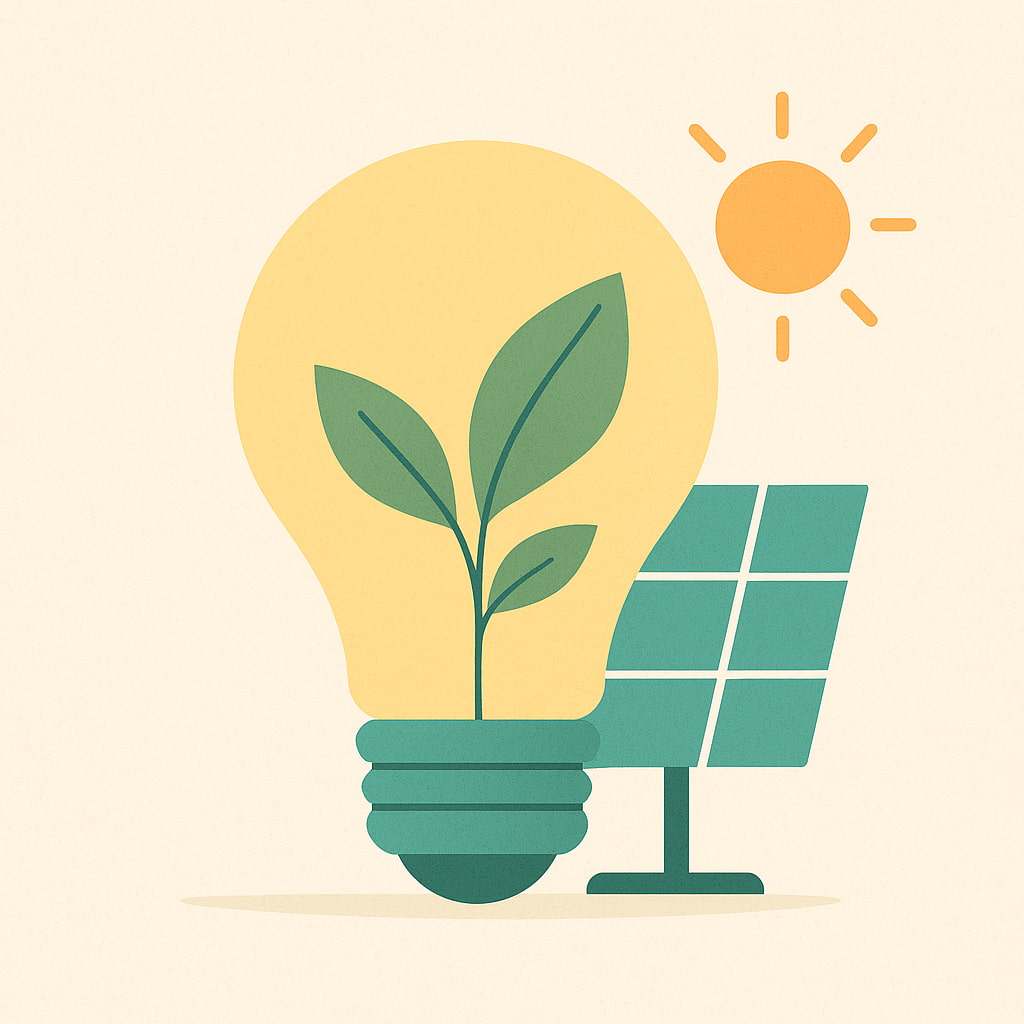 Ilustração minimalista de uma lâmpada ecológica com folhas verdes e painel solar, simbolizando sustentabilidade, energia limpa e consciência ambiental, em cores suaves e equilibradas.
