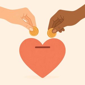 Representação criativa em flat design de duas mãos diferentes colocando moedas em um cofrinho estilizado em forma de coração, com fundo claro e traços suaves.