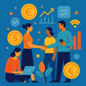 Cena criativa e minimalista mostrando pessoas interagindo em um mercado digital, cercadas por ícones abstratos de moedas, gráficos e símbolos tecnológicos coloridos, transmitindo inovação e acessibilidade.