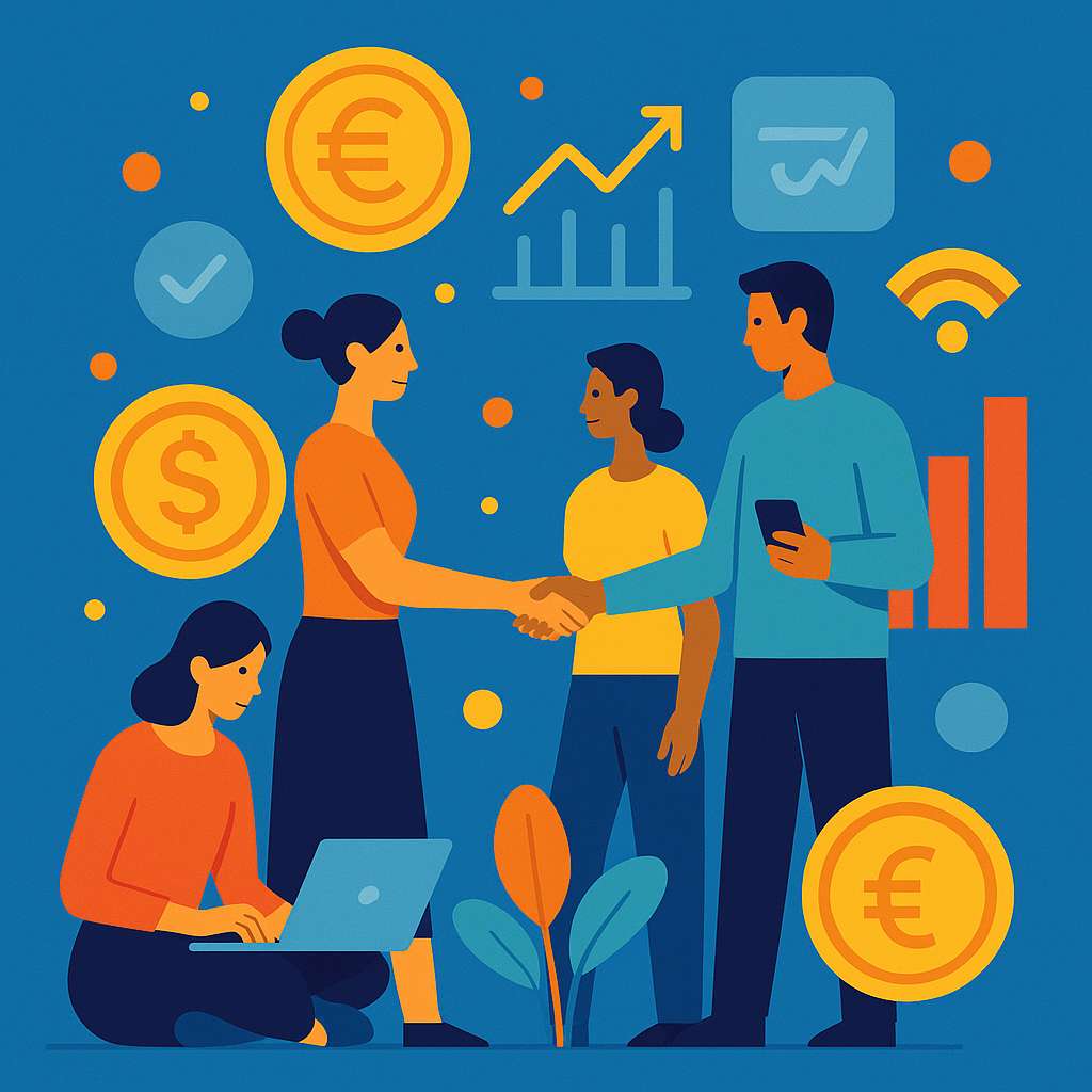 Cena criativa e minimalista mostrando pessoas interagindo em um mercado digital, cercadas por ícones abstratos de moedas, gráficos e símbolos tecnológicos coloridos, transmitindo inovação e acessibilidade.