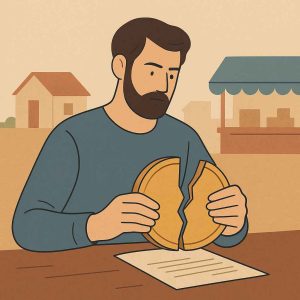 Trabalhador autônomo dividindo uma moeda ao meio, simbolizando renda instável, com elementos sutis de casa e mercado ao fundo, em estilo minimalista digital com tons terrosos e azuis.