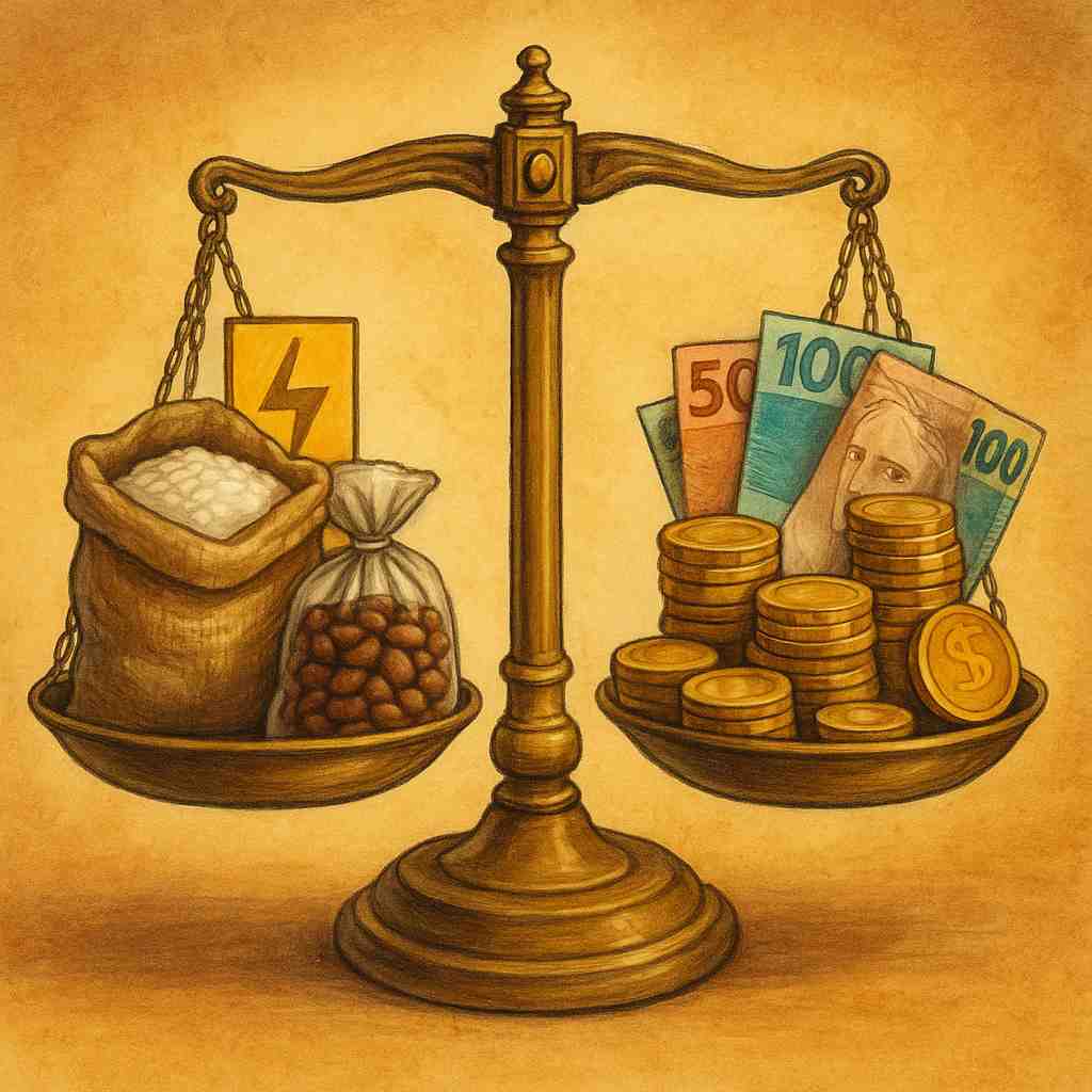 Balança antiga ilustrativa, com arroz, feijão e símbolo de energia de um lado, e moedas e notas brasileiras pesando mais do outro, simbolizando o peso financeiro sobre necessidades básicas.