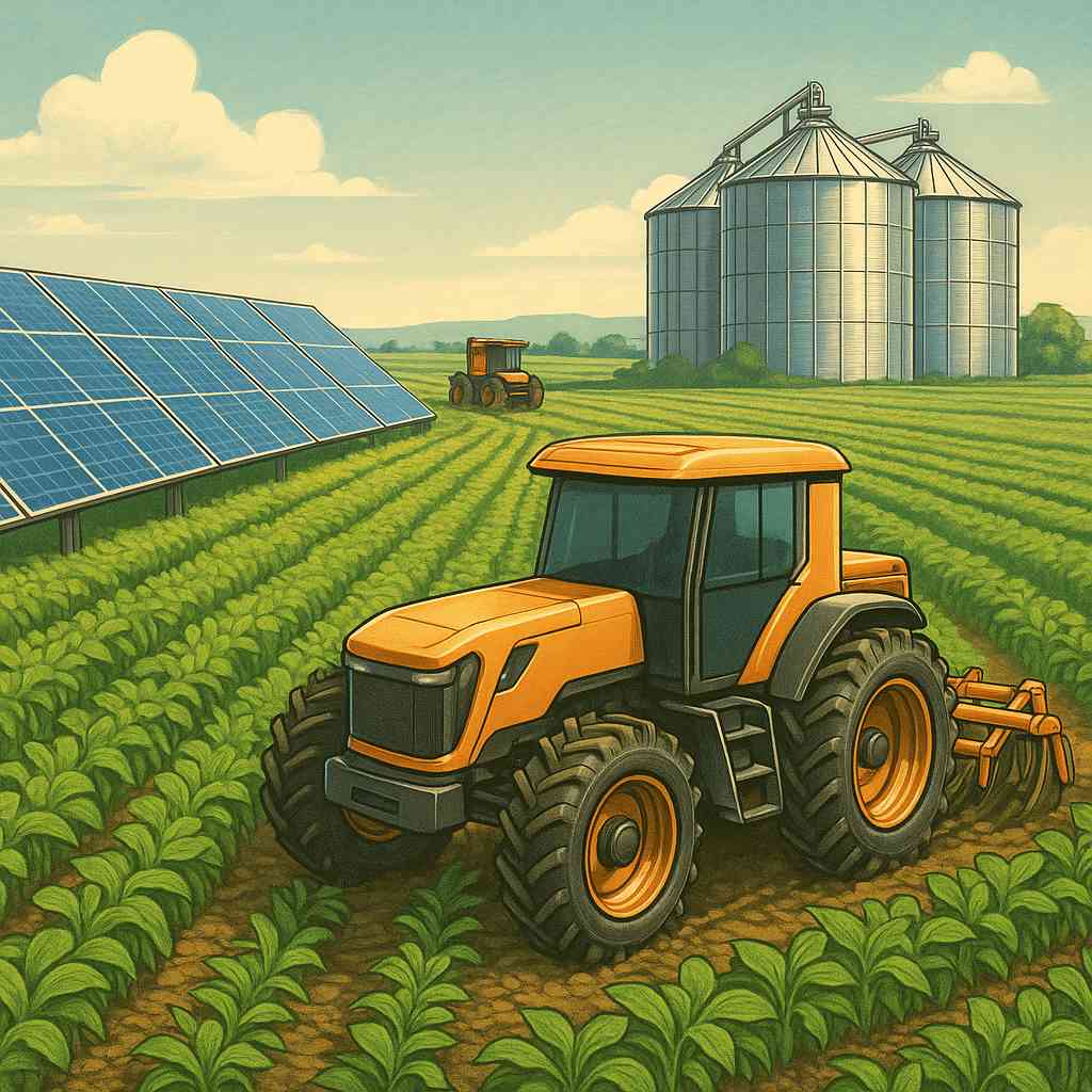 Campo agrícola moderno com tratores autônomos trabalhando, painéis solares integrados e silos metálicos reluzentes ao fundo, em estilo ilustrativo realista com foco em sustentabilidade.