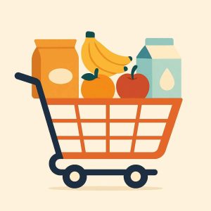 Ilustração minimalista em flat design de um carrinho de supermercado com arroz, frutas e leite sobre fundo claro.