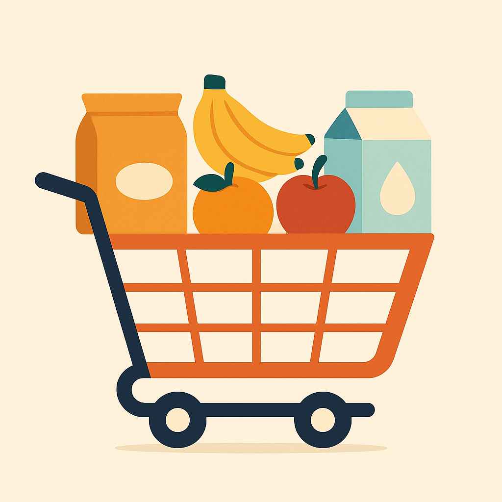 Ilustração minimalista em flat design de um carrinho de supermercado com arroz, frutas e leite sobre fundo claro.