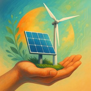 Ilustração semi-realista mostrando uma mão segurando um pequeno painel solar e uma turbina eólica em miniatura, sobre fundo abstrato que mistura natureza e tecnologia em cores vibrantes e atmosfera otimista.