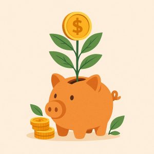 Ilustração minimalista de um cofrinho em forma de porquinho de barro com uma planta crescendo de dentro dele, folhas verdes e moedas douradas simbolizando o crescimento financeiro em fundo neutro e limpo.