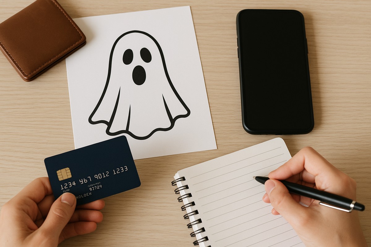 The photo features a minimalist and clean composition with natural, soft lighting over a light wood surface. It includes realistic objects related to personal finance: a hand holding a blue credit card, another hand writing in a notebook with a black pen, a smartphone with the screen turned off, and a sheet of paper displaying a simple ghost illustration symbolizing “ghost expenses.” The image has high clarity, balanced contrast, and an organized visual style, making it suitable for articles that offer tips on identifying and avoiding hidden or unexpected charges.