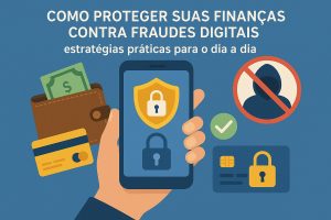 Ilustração em fundo azul com o título ‘como proteger suas finanças contra fraudes digitais’ e o subtítulo ‘estratégias práticas para o dia a dia’ no topo. No centro, uma mão segura um smartphone com ícone de escudo e cadeado na tela, representando segurança digital. À esquerda, aparecem uma carteira marrom com dinheiro e um cartão amarelo, sugerindo finanças pessoais. À direita, há um símbolo de usuário tachado em vermelho (indicando bloqueio de acesso), um ícone de confirmação verde e um cartão azul com cadeado amarelo, reforçando a ideia de proteção contra golpes online.
